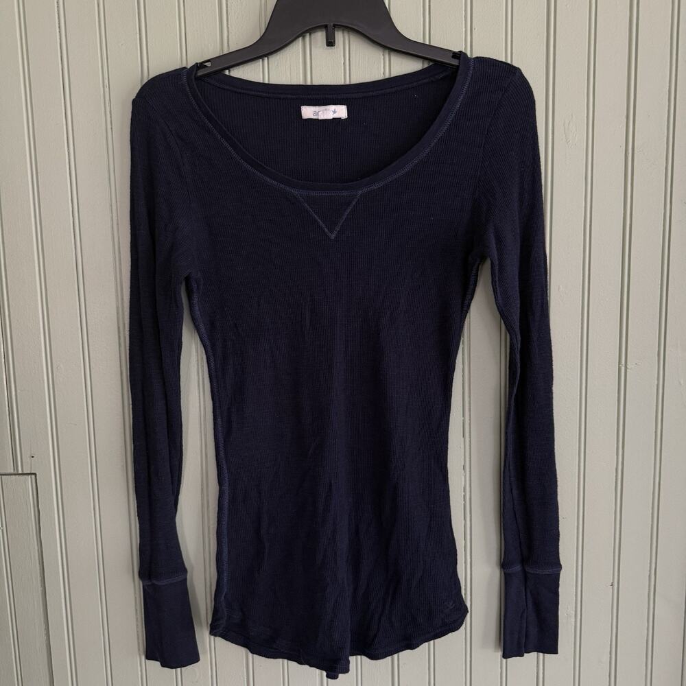 Y2K Aerie Women Blue Ribbed Fitted Long Sleeve Scoop Neck Layering Tee Top Large